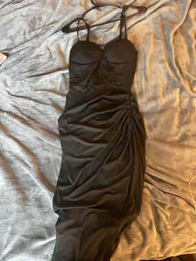 Sleek Black Ruched Bustier Midi Dress